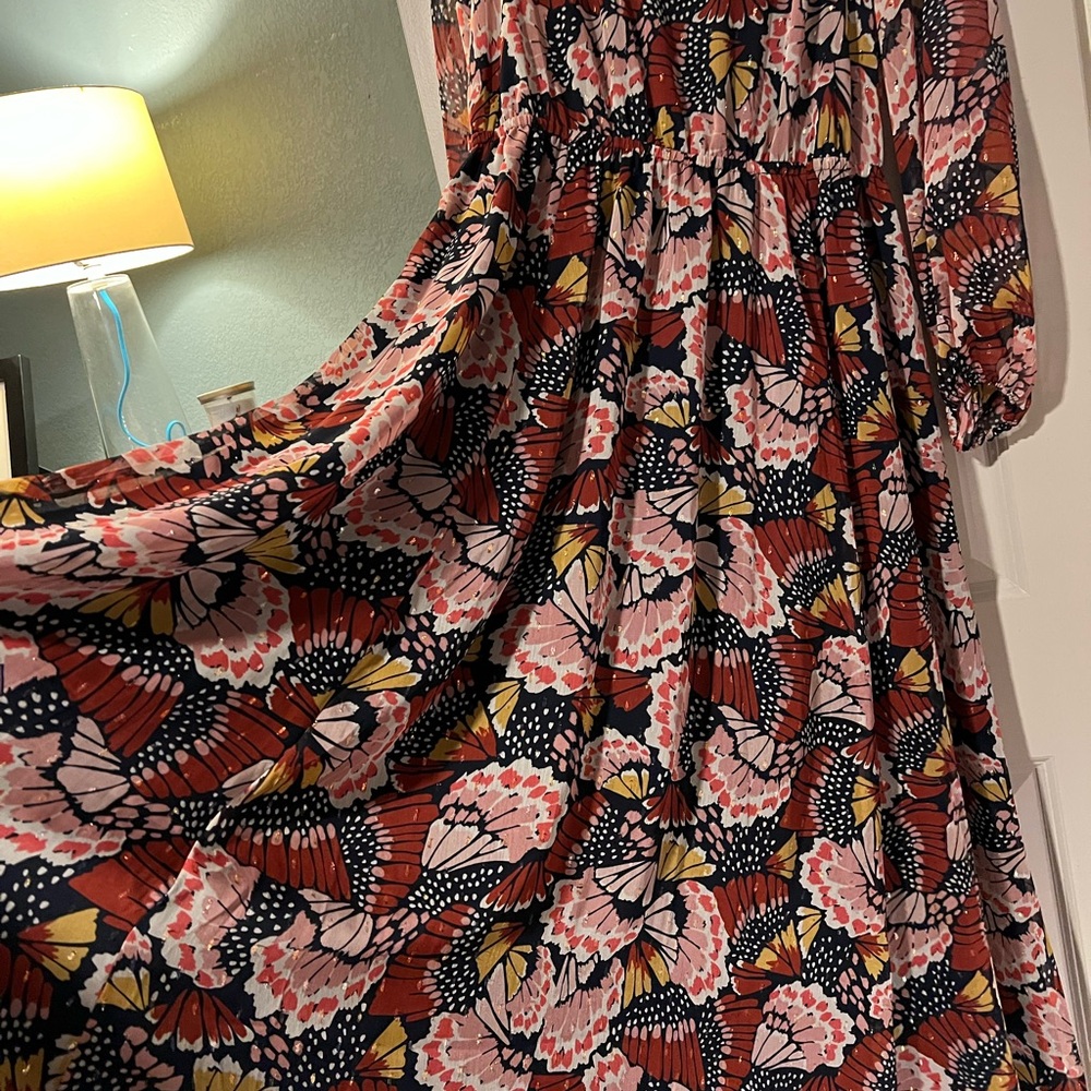 BODEN v-neck, tiered maxi, butterfly print dress.